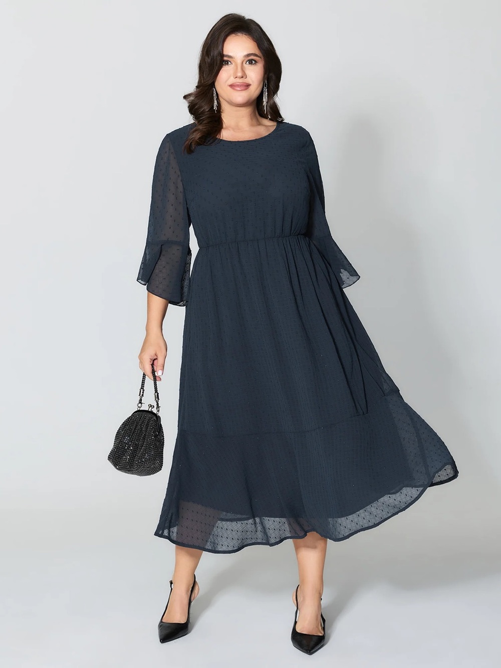 Bloomchic Navy Flowy Pocketed Midi Dress